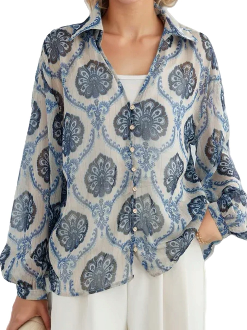 Zara Cream and Blue Paisley-Print Button Blouse
